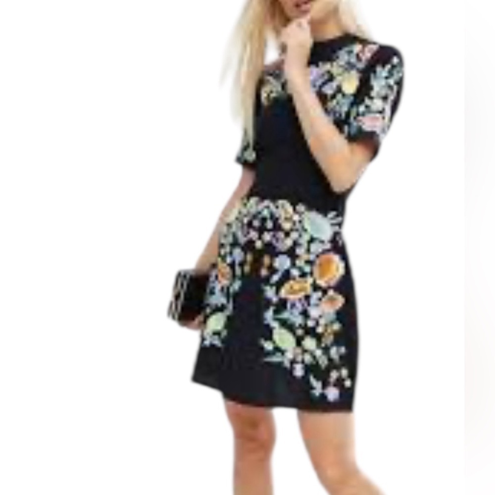 ASOS Black Dress with Colorful Floral Embroidery Size 4. L-17